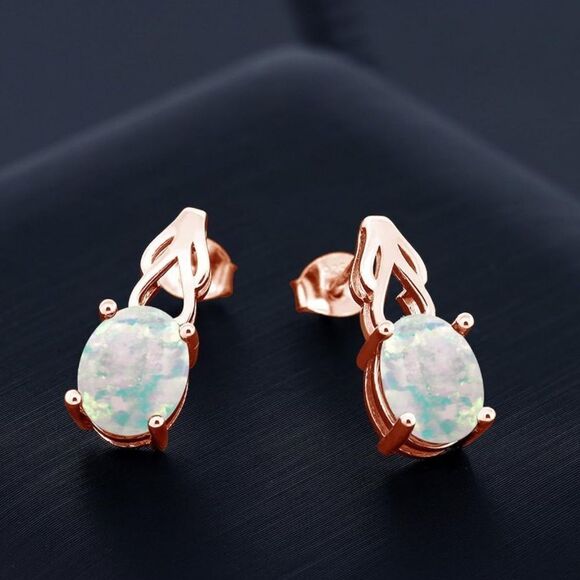 18K Rose Gold 925 with 1.20 Cttw White Opal Oval Post Back Drop Earrings - Picture 2 of 4